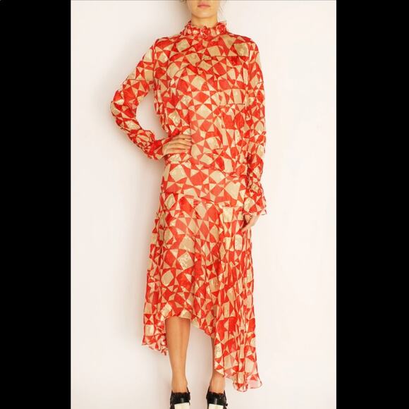 Preen by Thorton Bregazzi Circus Asymmetric Printed Devore Satin Silk Dress L - Picture 1 of 15